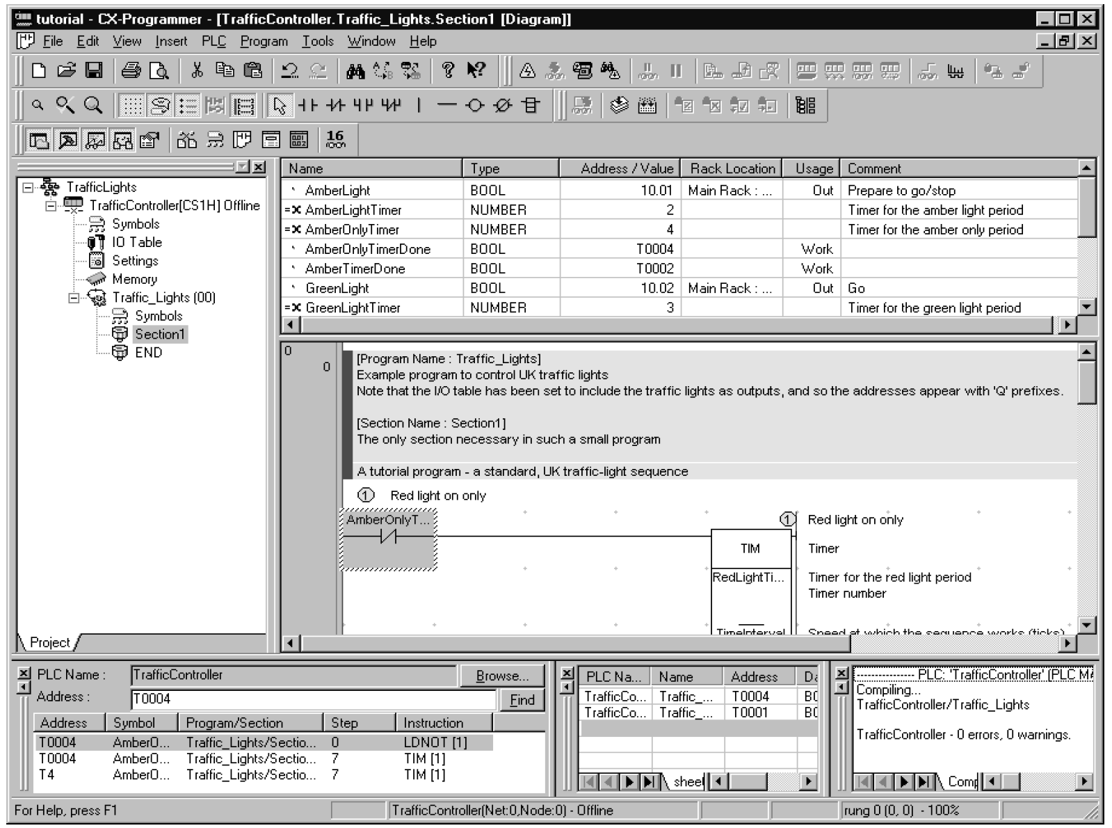CX-Programmer full IDE screenshot with Traffic Lights tutorial