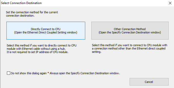 Select connection destination dialog