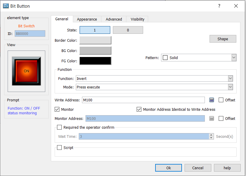 Samkoon Bit Button properties dialog