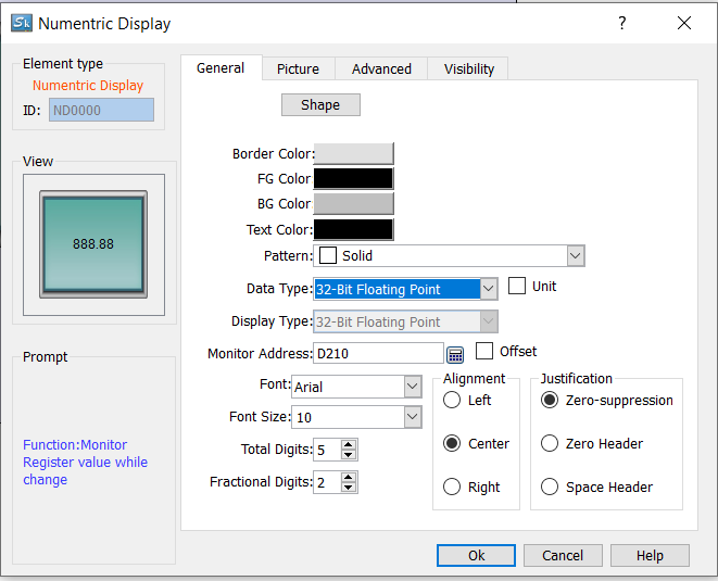 Samkoon Numeric Display properties dialog