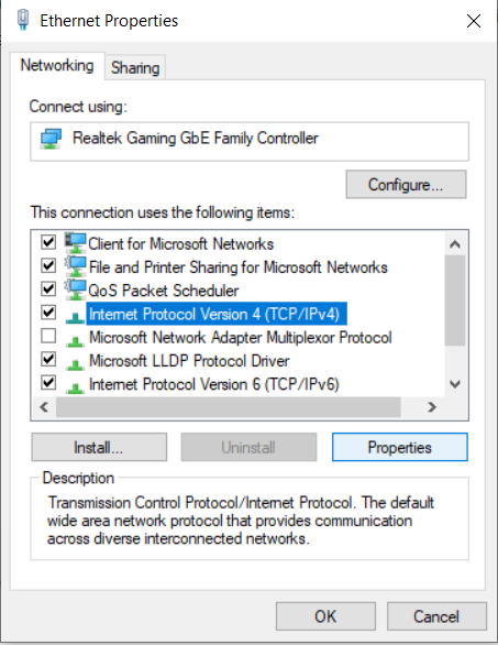 Windows Ethernet Properties