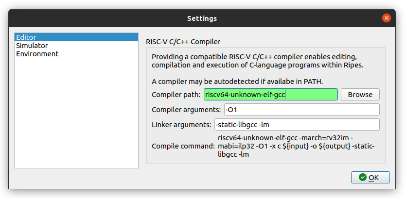 หน้าจอตั้งค่า C compiler